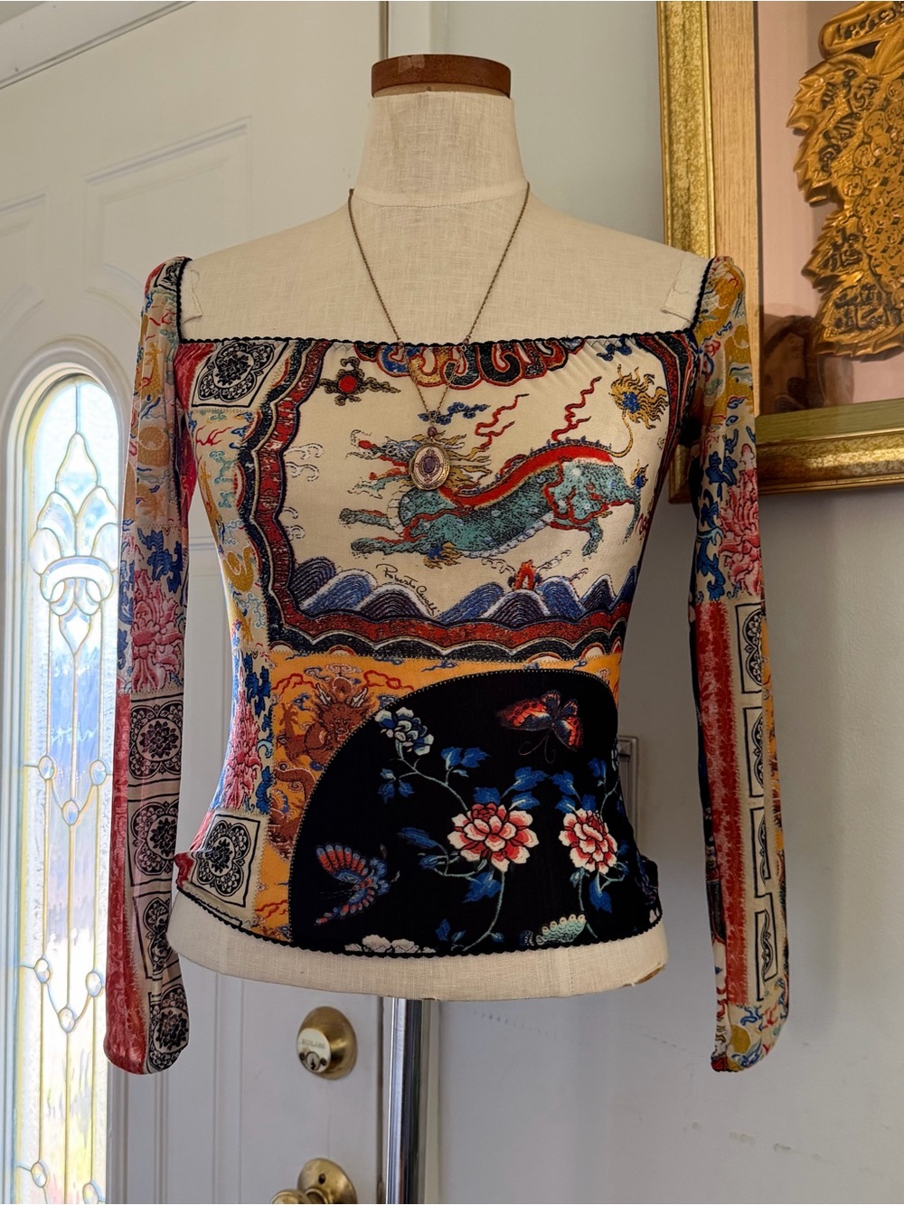Euro Fairy 2000’s Roberto Cavalli Patchwork print long sleeve top size 42 rare
